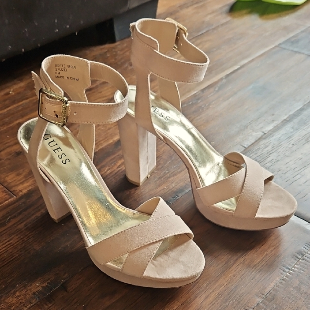 GUESS Beige Cream Strappy Heels Faux Suede Sz 9